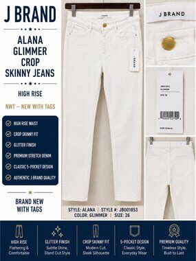 NWT J Brand Alana Glimmer High Rise Crop Skinny Jeans White Shimmer Size 26